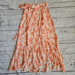 Misa Los Angeles Peach Floral Ruffle Tiered Slit Midi Skirt Womens XS